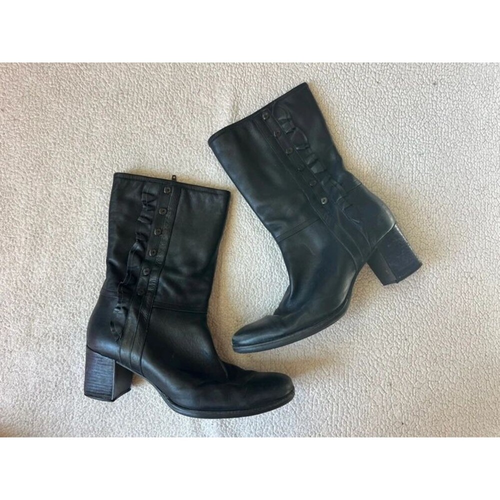 Vintage 90s Artisan Black Leather Witchy Mis Calf Heeled Boots Womens